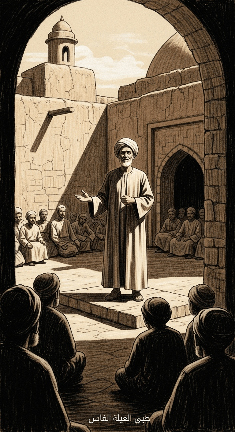 Charcoal drawing of Abu Musa Al-Ash'ari addressing a crowd in a simple mosque courtyard.