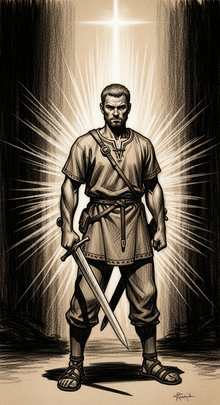 A strong young fighter, with a sheathed sword, stands defiantly before the radiant beam of light, ready for judgment.