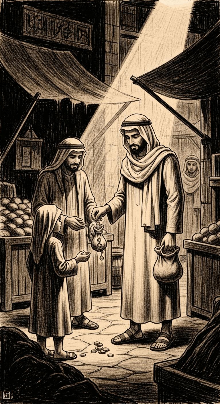 The wealthy man in a marketplace gives coins to a poor man and child, while the radiant beam of light subtly watches.