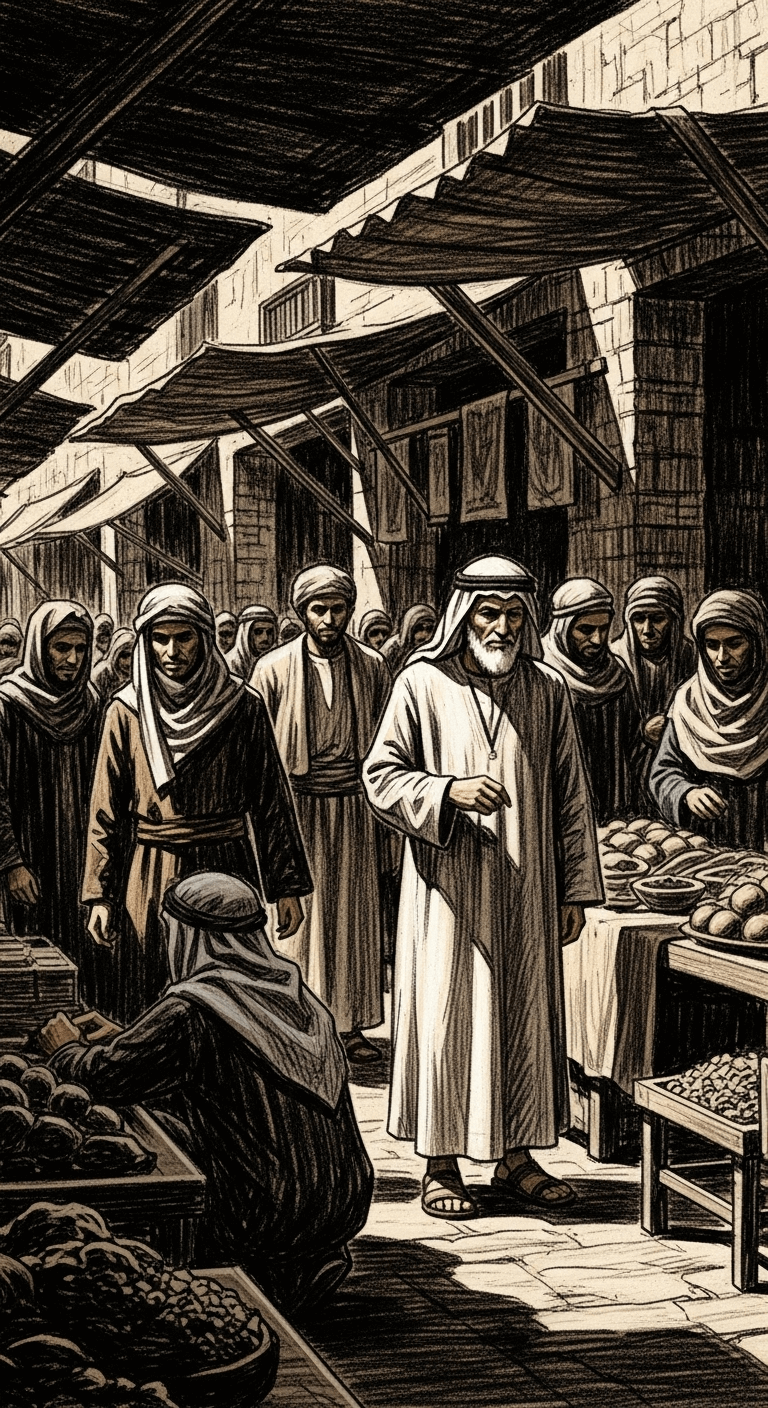 Rough charcoal drawing of a bustling early Islamic marketplace, with merchants and customers, featuring a wise الإمام أبي حنيفة النعمان observing thoughtfully.