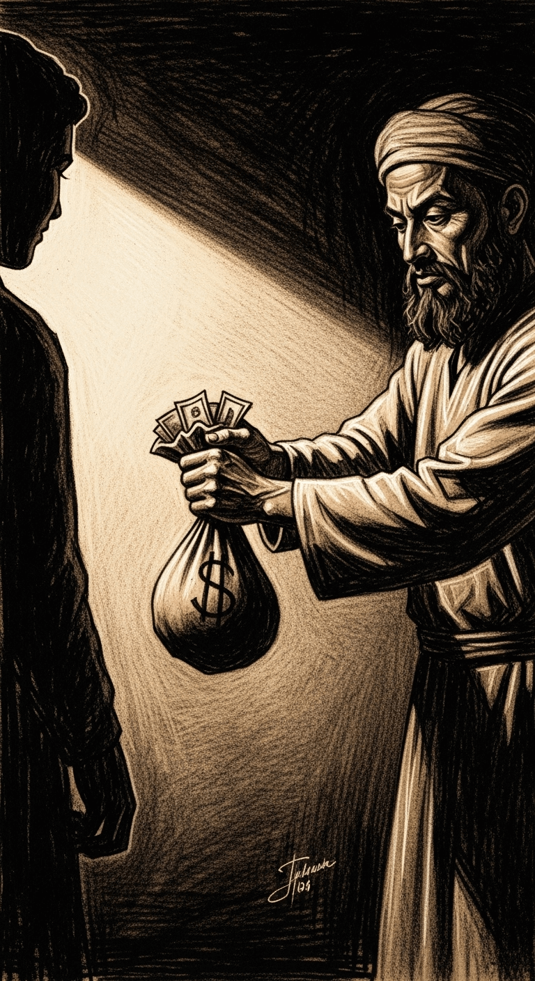 Charcoal drawing of الإمام أبي حنيفة النعمان, with a determined expression, pushing a pouch of money towards a radiant beam of light, symbolizing his act of charity.