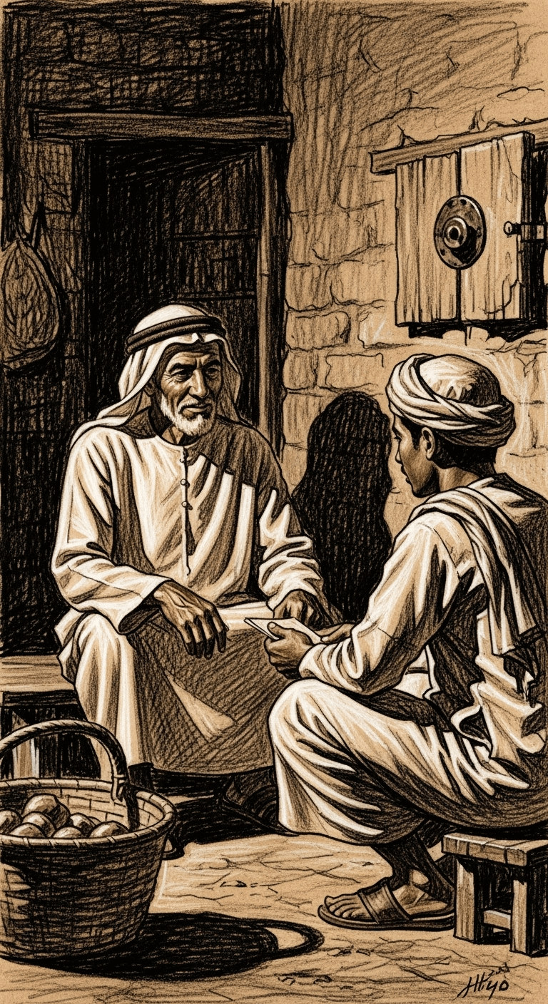 Charcoal drawing of الإمام أبي حنيفة النعمان, a wise elderly man, discussing trade with his younger business partner in a humble mudbrick room.