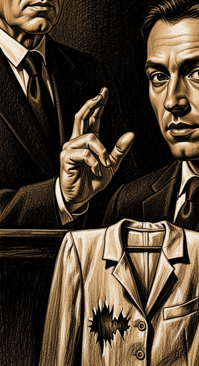 Charcoal drawing showing الإمام أبي حنيفة النعمان's raised hand emphasizing instructions to his business partner, who shows understanding regarding the defective garment.