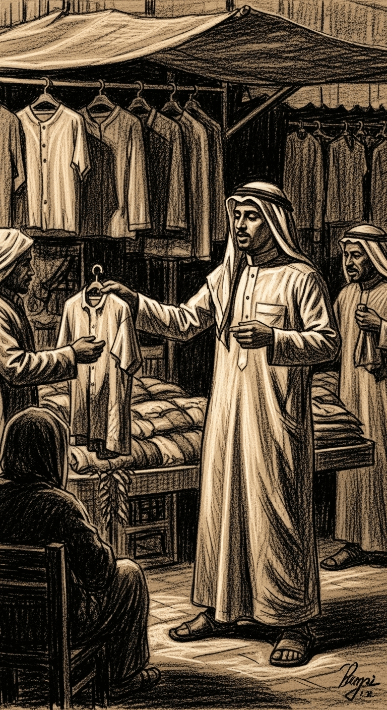 Charcoal drawing of the business partner in a bustling marketplace, absentmindedly handing over the defective garment to a buyer.