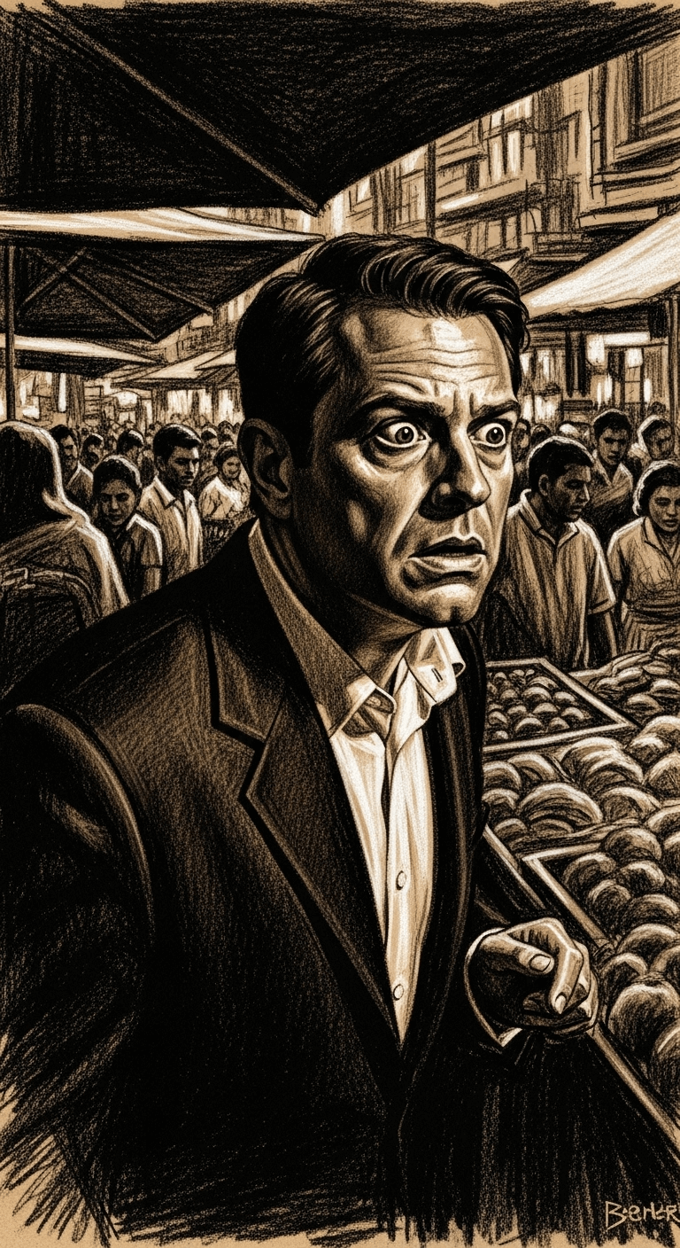 Charcoal drawing of the business partner with a worried and frantic expression, searching desperately through the dense crowd of the busy market.