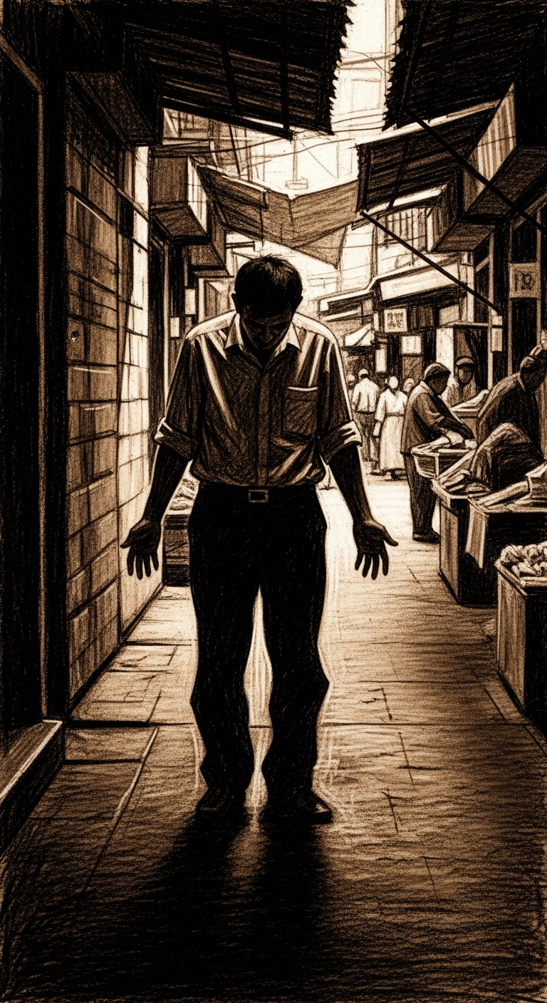 Charcoal drawing of the disheartened business partner, standing alone in a shaded alley of the market, hands open in resignation after failing to find the buyer.