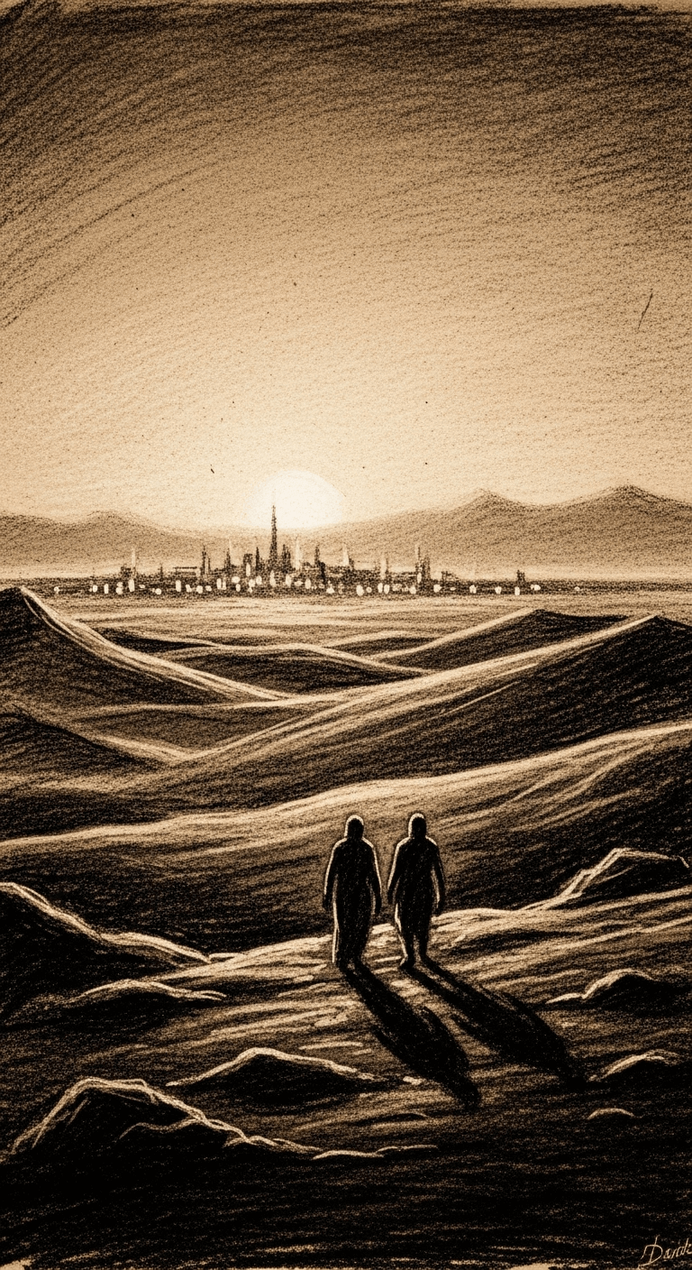 A serene desert landscape at dawn, with two indistinct figures walking away from a distant, glowing city.
