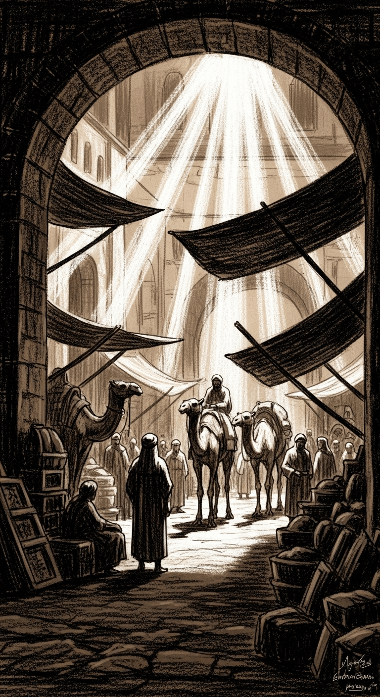The bustling market is now even more prosperous. The radiant beam of light, representing عبد الرحمن بن عوف, is larger and more prominent, casting a wide, blessed glow over an array of goods and camels being loaded, symbolizing his immense success.