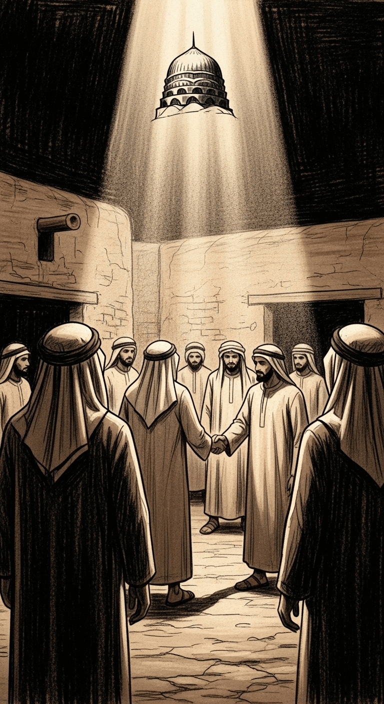 A radiant beam of light, representing Prophet Muhammad صلى الله عليه وسلم, illuminates groups of unidentifiable men shaking hands in a simple mudbrick courtyard, signifying unity.