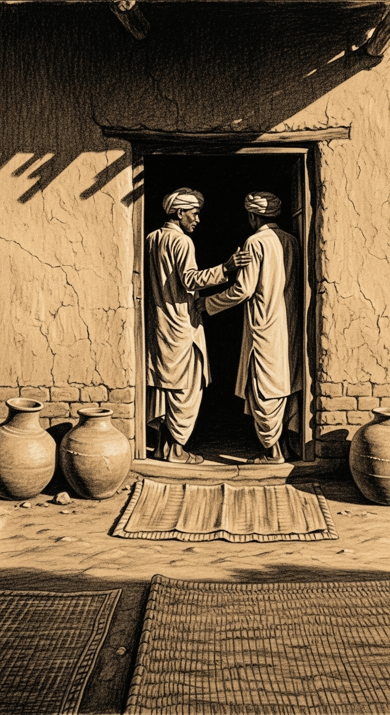 A plain mudbrick home's entrance, with an unidentifiable Ansari man warmly gesturing an unidentifiable Muhajir man inside. Clay pots and woven mats are visible.