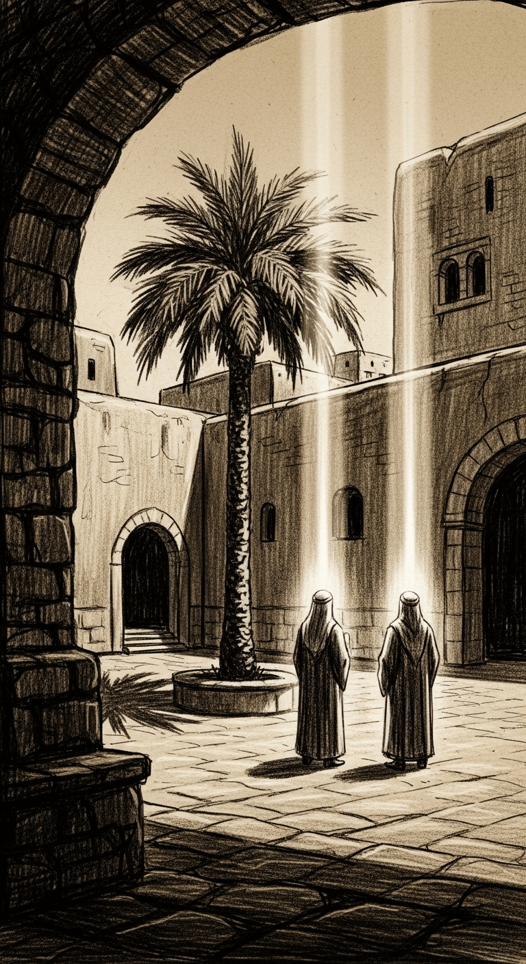A humble courtyard with a central palm tree. Two distinct radiant beams of light represent سعد بن الربيع and عبد الرحمن بن عوف, standing respectfully near each other.
