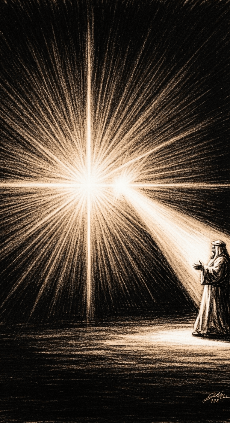 The radiant beam representing سعد بن الربيع expands brightly, signifying his immense generosity and offer. The beam representing عبد الرحمن بن عوف glows steadily.