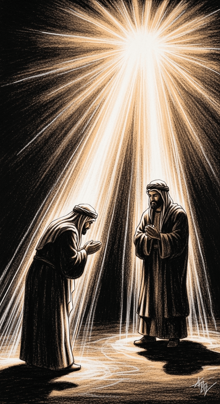 The radiant beam representing عبد الرحمن بن عوف bows slightly towards the beam of سعد بن الربيع, conveying deep gratitude and respect.