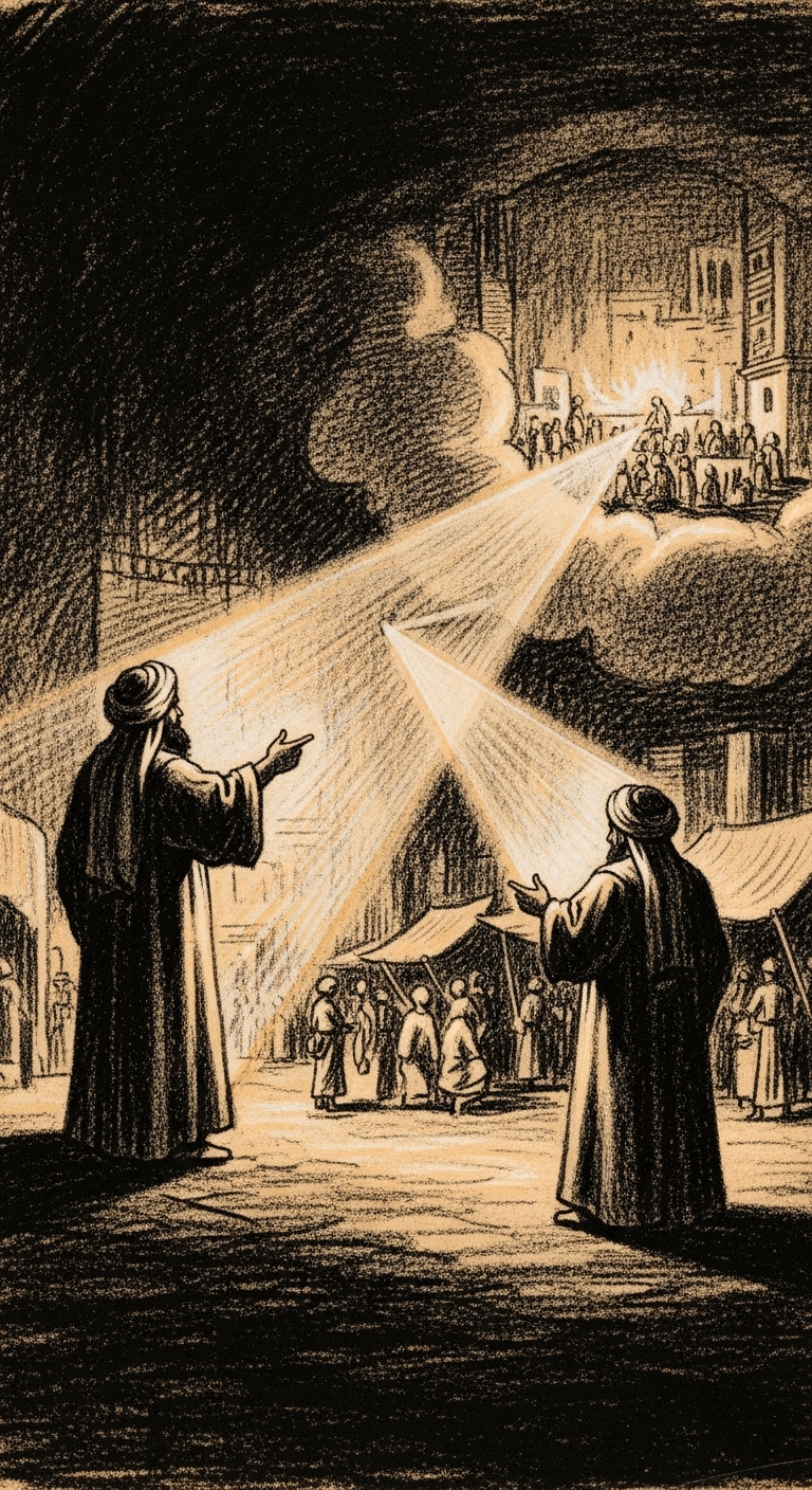 The radiant beam representing عبد الرحمن بن عوف turns, projecting a path of light towards a distant, faint outline of a bustling market. The beam of سعد بن الربيع gestures towards that path.