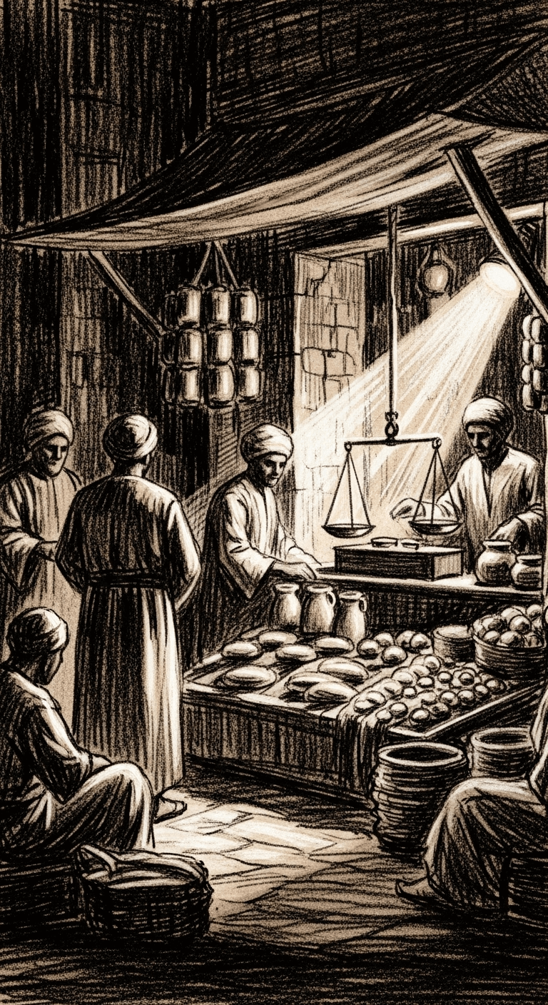 A vibrant early Medina market scene with various unidentifiable merchants and goods. A radiant beam of light, representing عبد الرحمن بن عوف, is seen actively engaged, perhaps illuminating simple scales or goods, signifying his work.