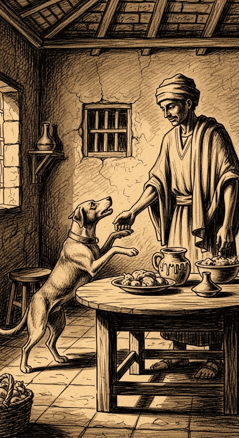 Charcoal drawing of a loyal dog stepping back from the merchant, barking loudly and refusing the offered food, its eyes on the poisoned meal.