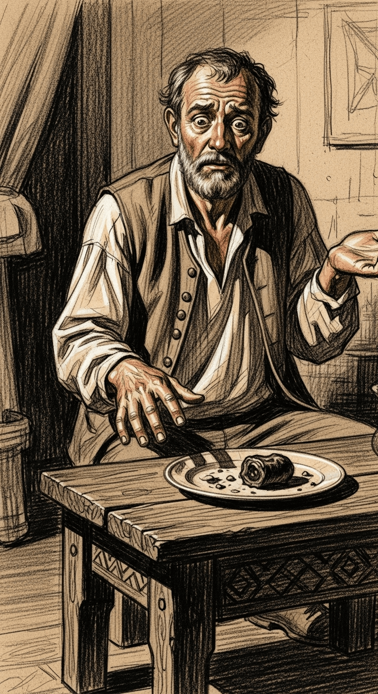 Charcoal drawing of a bewildered merchant shrugging, then slowly reaching his hand towards the plate of poisoned food.