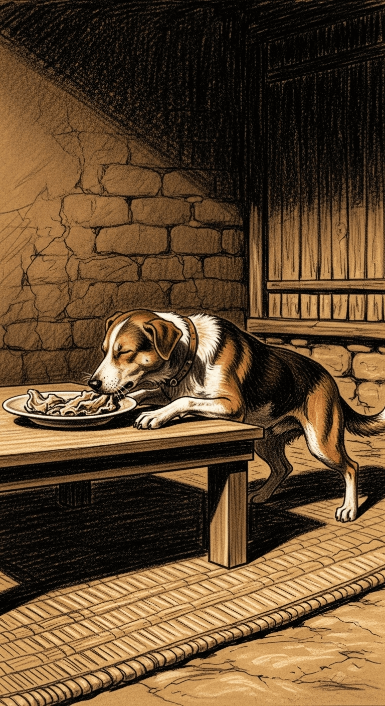 Charcoal drawing of a loyal dog jumping onto a table, eating poisoned food, and collapsing lifelessly beside the plate.