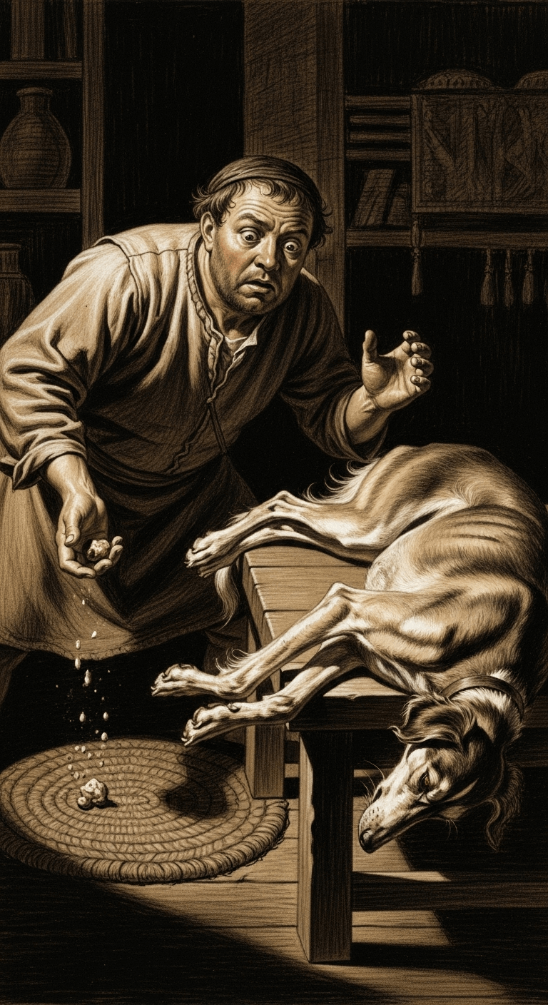 Charcoal drawing of a merchant frozen, eyes wide with horror, a morsel of food falling from his hand as he stares at his dead dog.