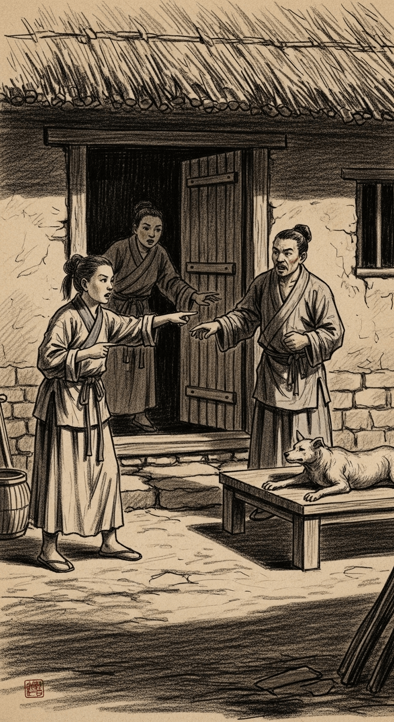 Charcoal drawing of a mute girl returning with servants, gesturing frantically to explain the events to the bewildered merchant.