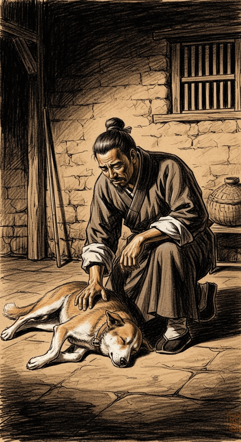 Charcoal drawing of a merchant kneeling beside his dead loyal dog, expressing profound sorrow and realization as he gently touches its head.