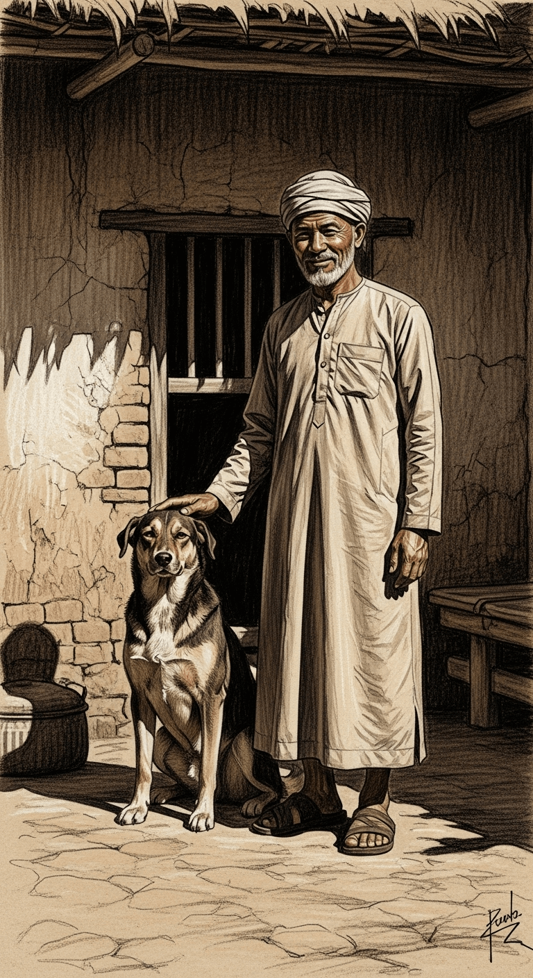 Charcoal drawing of a kind merchant gently stroking his loyal dog in a sunlit courtyard of a mudbrick home.