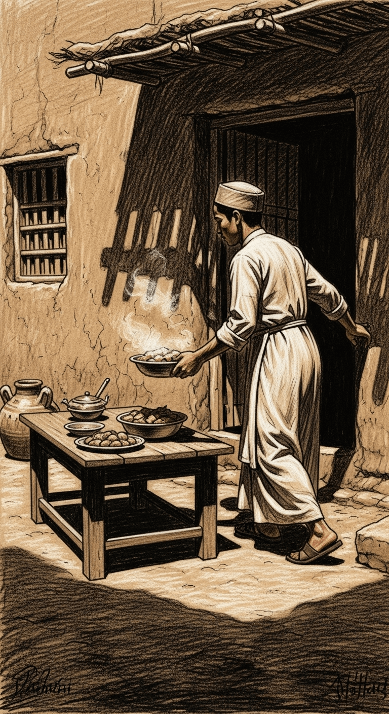 Charcoal drawing of a servant carefully placing a steaming dish of food onto a low wooden dining table in a mudbrick house.