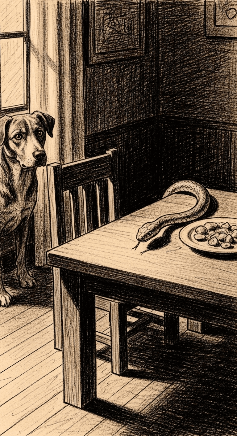 Charcoal drawing of a loyal dog watching alertly as a slender snake slithers onto a dining table, poised to poison food.