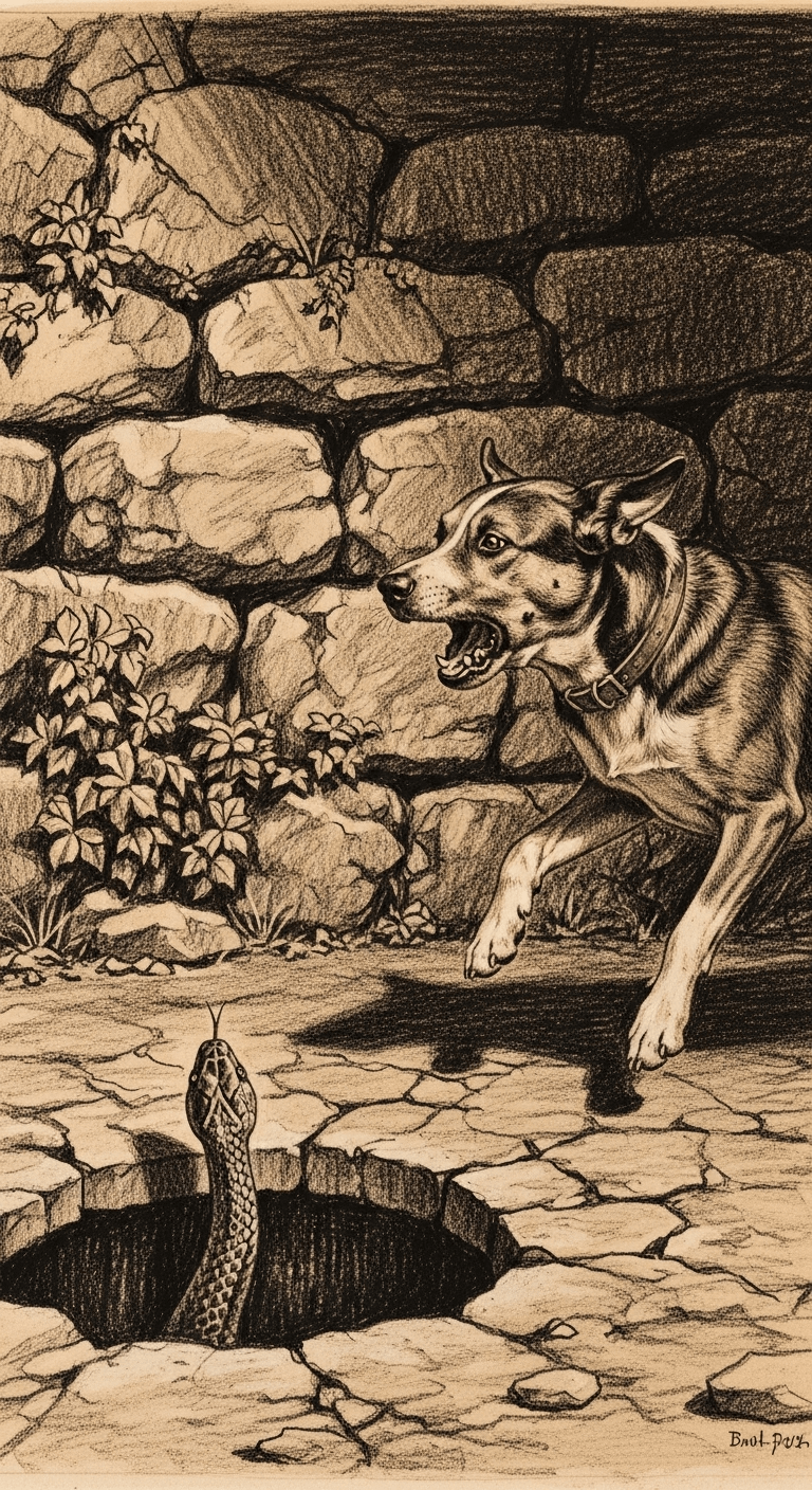 Charcoal drawing of a loyal dog barking and lunging towards a snake's disappearing tail as it vanishes into a hole in a rocky garden wall.