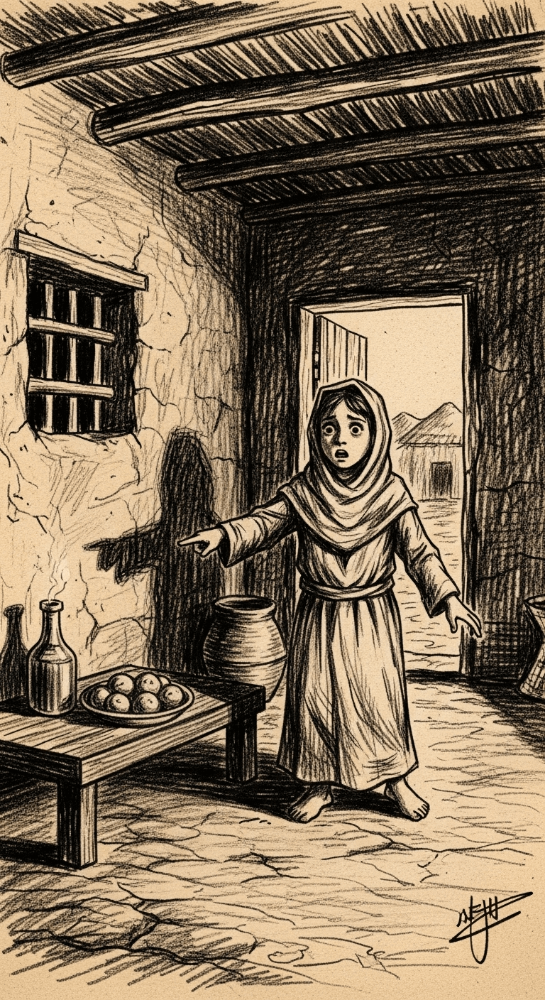Charcoal drawing of a young mute girl, wide-eyed with fear, pointing frantically at the poisoned food before running out for help.