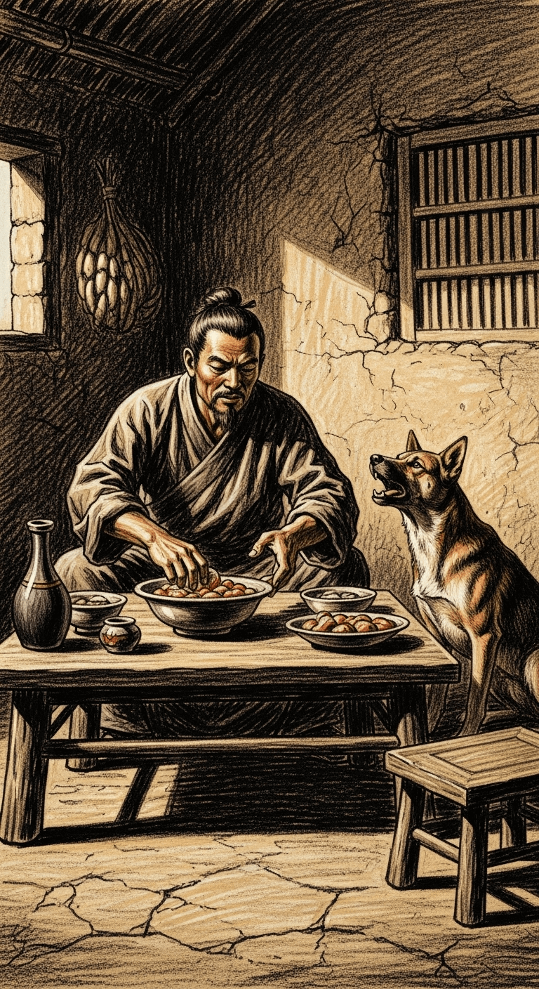 Charcoal drawing of a merchant sitting at a dining table, while his loyal dog barks intensely, fixed on the poisoned food.
