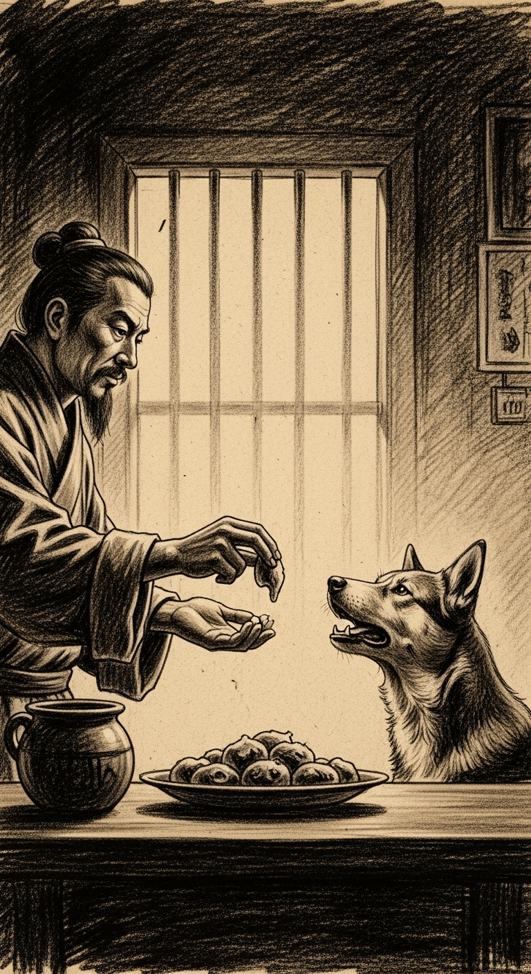 Charcoal drawing of a merchant offering unpoisoned food to his dog, who turns away, still barking at the poisoned meal.