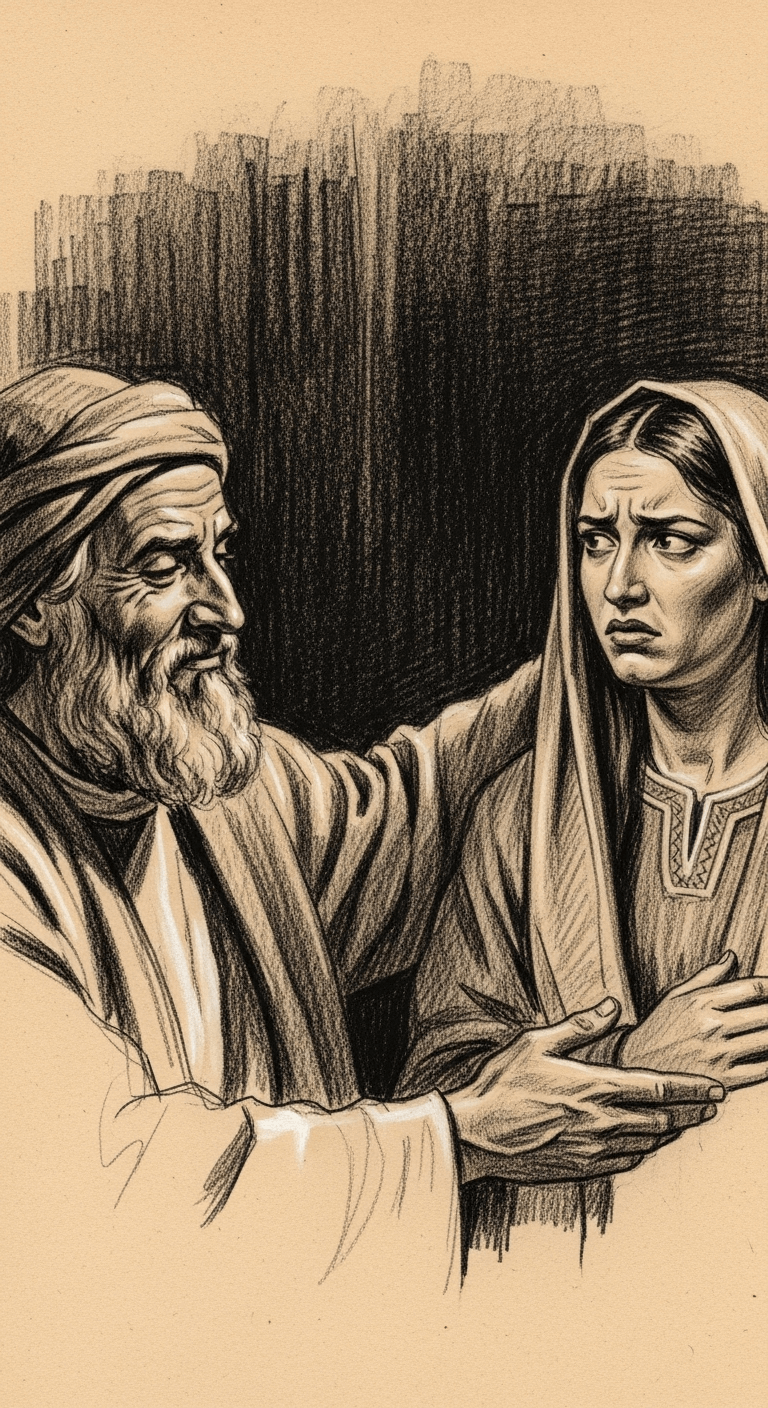 Abu Hanifa gently shakes his head with a kind smile, while the woman looks confused and slightly disbelieving.