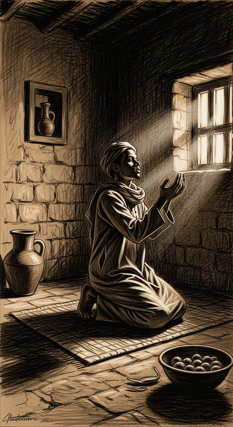 Young man, Abu Hurairah, kneels in prayer in a dimly lit room, hands raised towards a window, hope on his face.