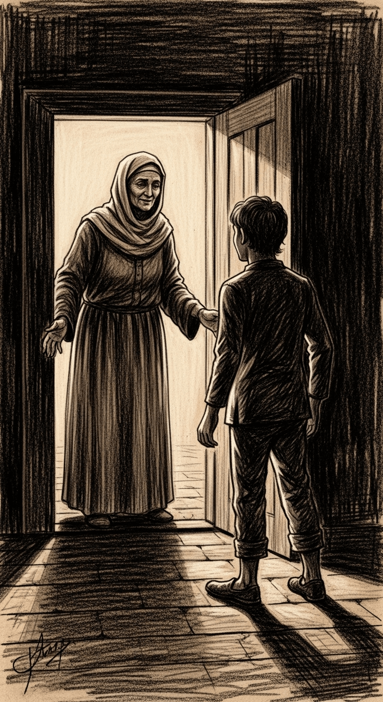 Abu Hurairah's mother, radiant with peace and happiness, declares her faith at the doorway as her son watches, astonished and relieved.