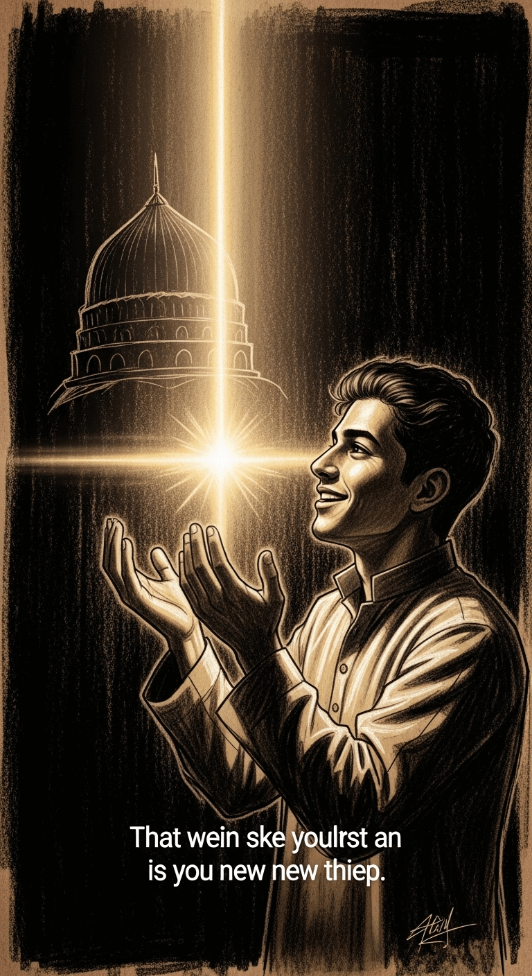 Abu Hurairah, smiling, raises his hands in supplication again towards the golden light representing Prophet Muhammad ﷺ, making a new request.