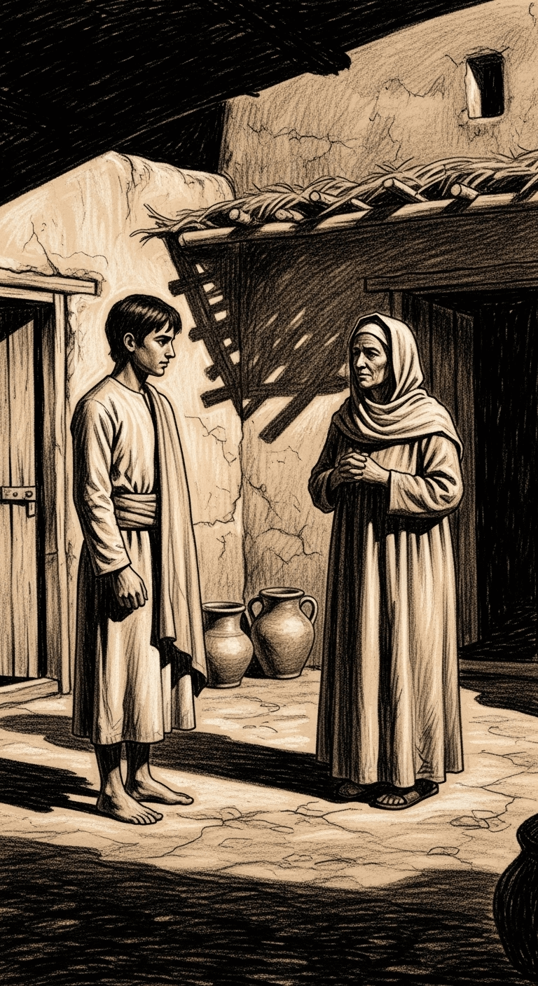 Abu Hurairah stands respectfully before his mother in a simple mudbrick house, her expression thoughtful and concerned.