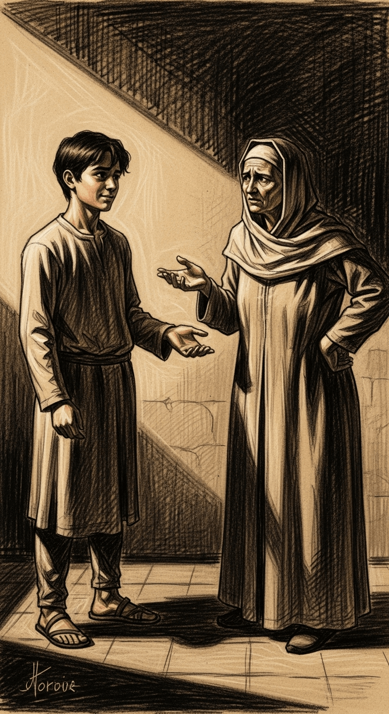 Abu Hurairah stands with a hopeful expression towards his mother, who turns away agitated, gesturing in disapproval.