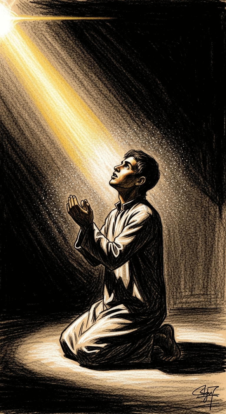 Abu Hurairah kneels, looking up with an earnest, pleading expression towards a bright beam of golden light representing Prophet Muhammad ﷺ.