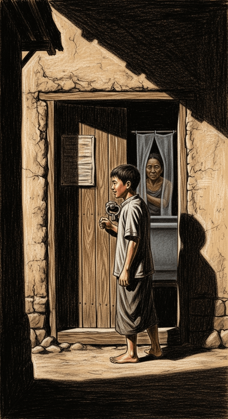 Abu Hurairah, with a hopeful smile, gently knocks on the simple wooden door of his mudbrick house, as his mother bathes inside.