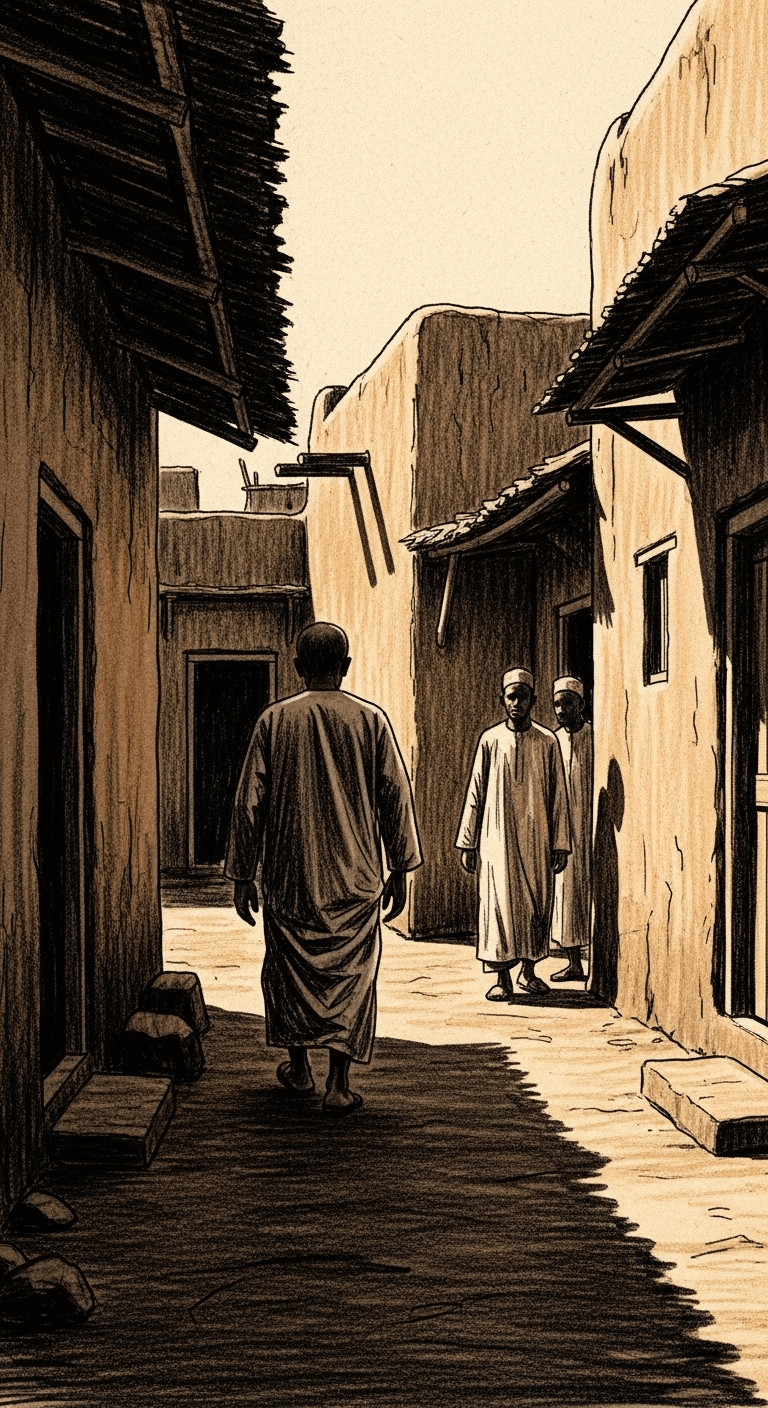 The honest man walks away from the courtyard, receding into a shaded alley, as one of the Muslim men discreetly begins to follow him.