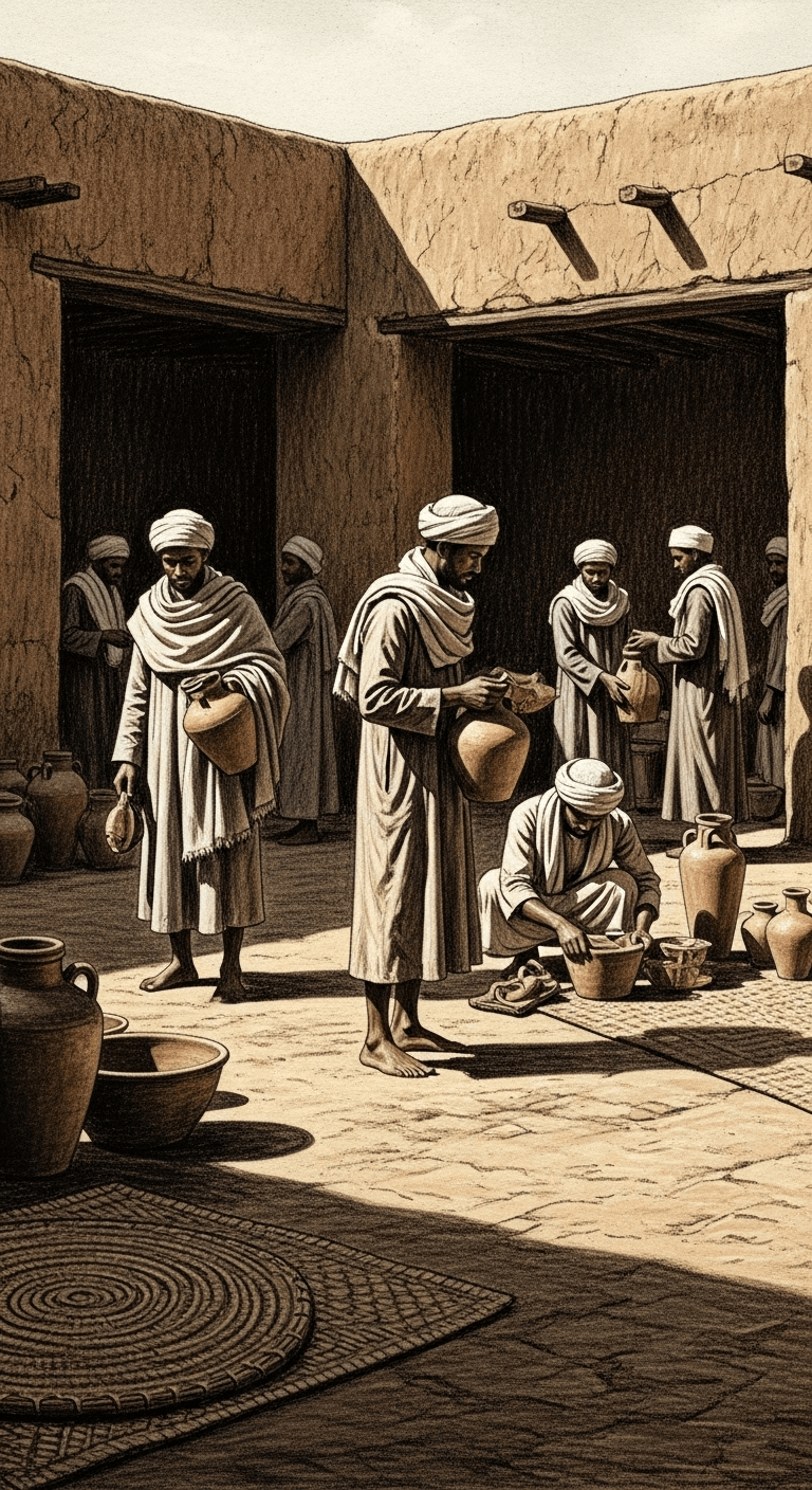 Muslim men diligently collecting various items in a large, open courtyard of a mudbrick structure.