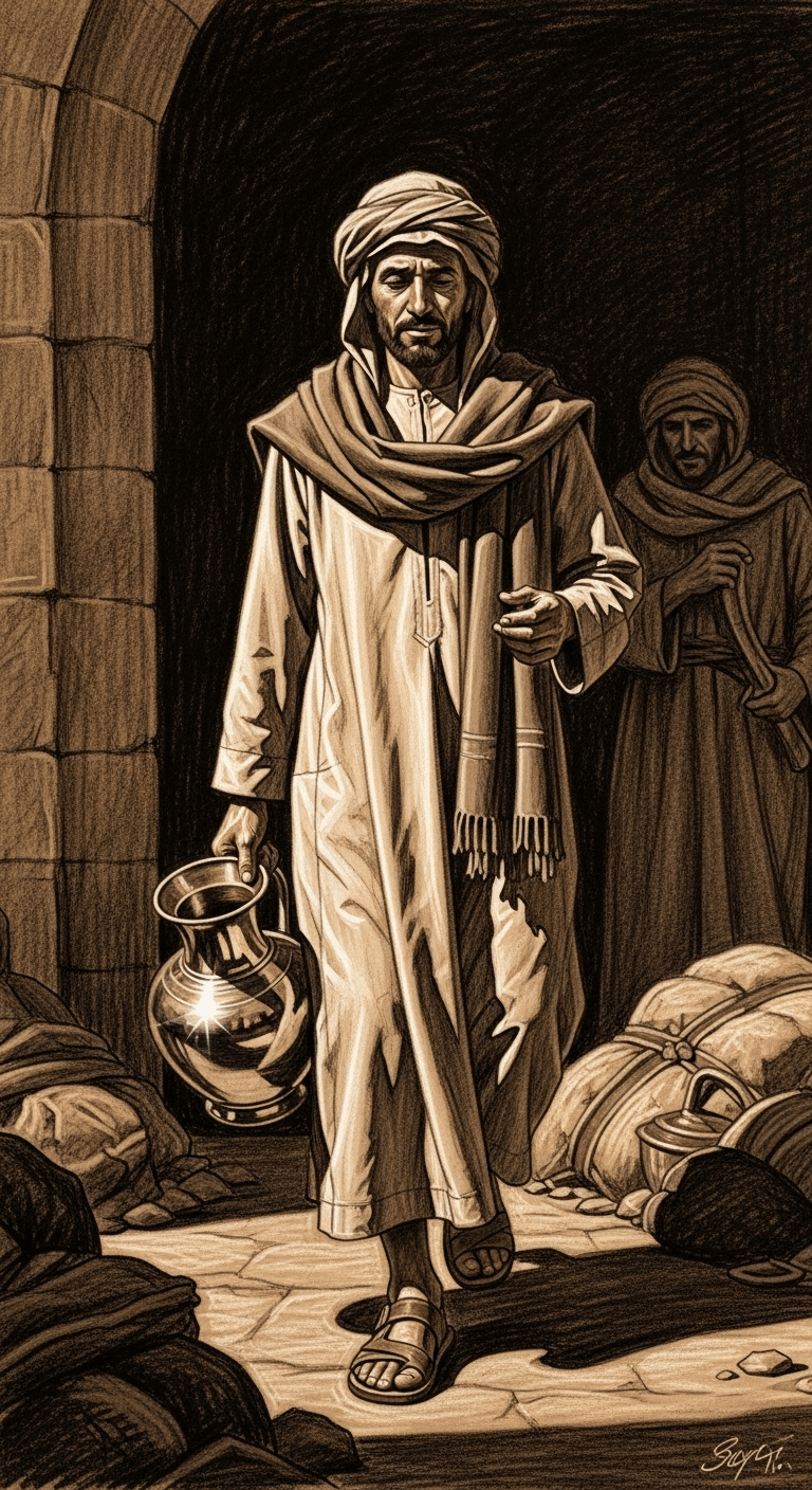 An honest man with a humble expression carries an ornamental, empty pot made of polished metal towards piles of spoils.