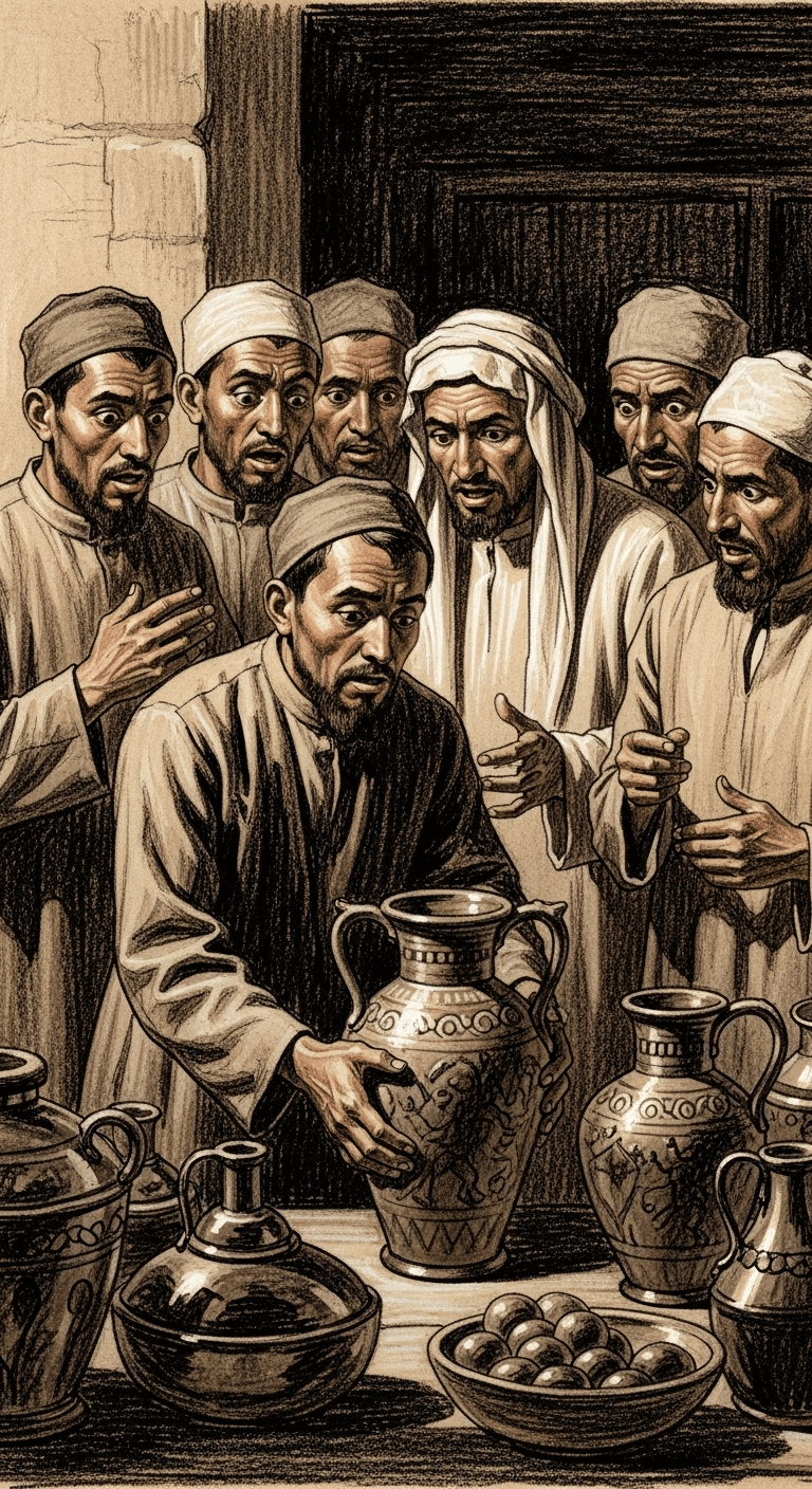 The honest man gently places the ornamental pot among other items, while several Muslim men nearby exchange surprised and questioning glances.