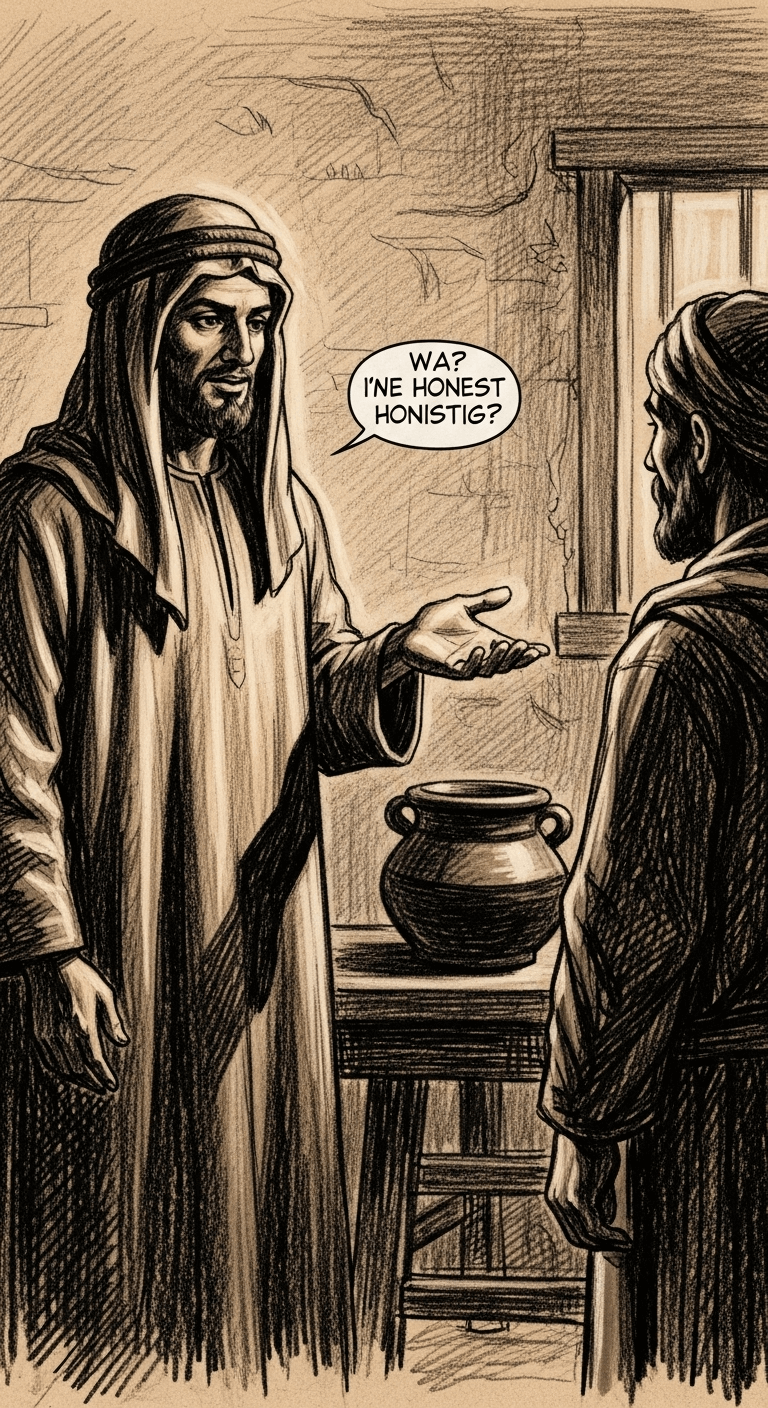 A Muslim man with a serious expression gestures towards the pot as he questions the honest man.