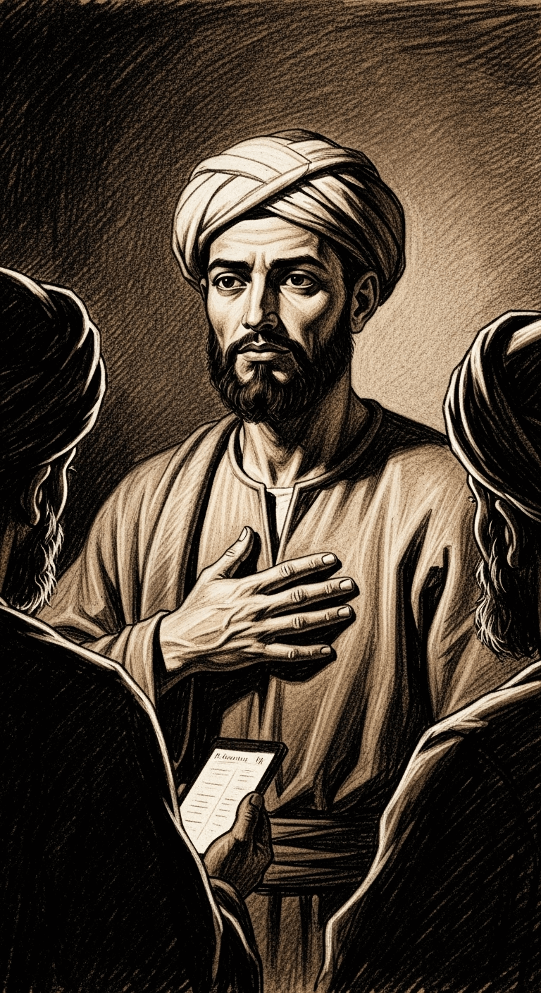 The honest man, with a humble and serene expression, looks directly at the questioning Muslims, his hand over his chest, signifying sincerity.