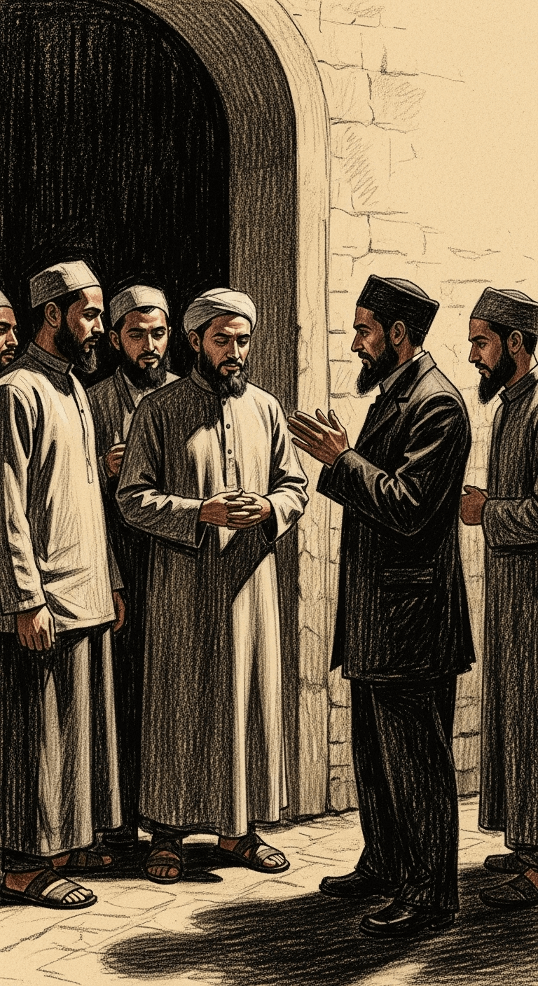 The faces of the Muslim men soften, their suspicion replaced by admiration and respect as one asks the honest man his identity.