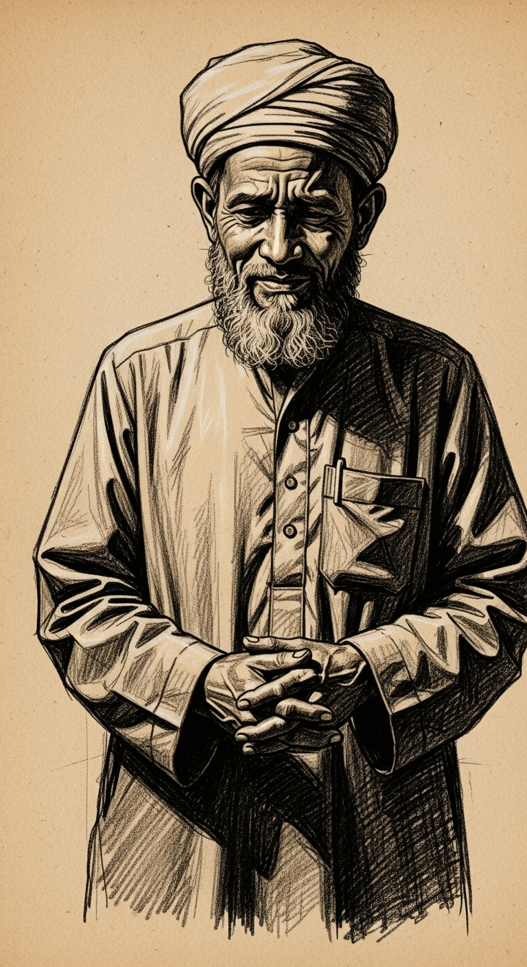 The honest man gently shakes his head, declining to reveal his name, his expression showing humility and contentment.