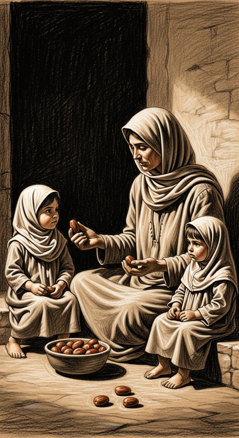 A poor woman giving dates to her two small daughters, holding a third date for herself.