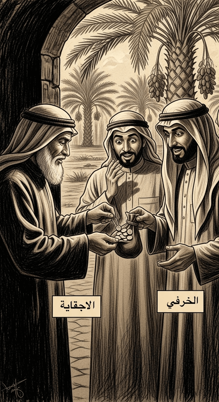 The generous man exchanging coins with the garden owners to buy the entire date palm garden.